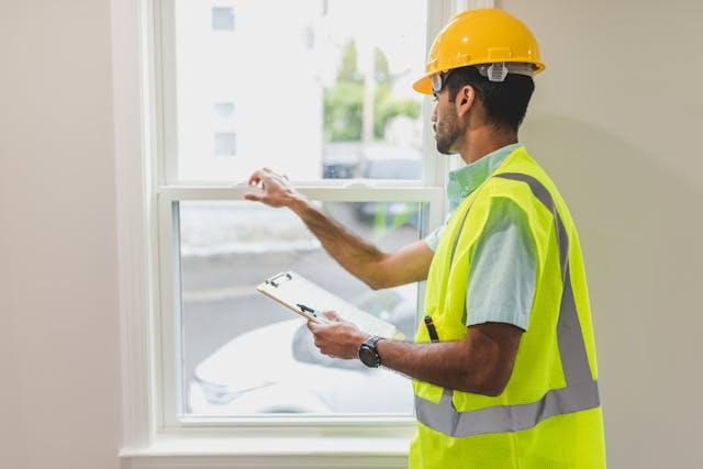 a home inspector in a yellow hardhat looking at a windowâ€™s lock